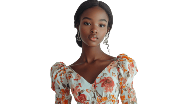 A beautiful girl wearing a flowing floral maxi dress with puff sleeves poses gracefully, perfect for showcasing spring fashion trends in summer gatherings or outdoor events.. png