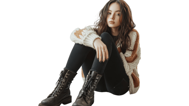 A fashionable girl showcasing a stylish layered cardigan paired with chic ankle boots, perfect for casual outings or autumn fashion inspiration.. png