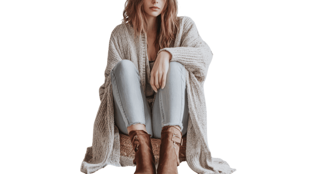 Fashionable Girl Wearing a Layered Cardigan and Ankle Boots Perfect for Stylish Outfits in Autumn and Winter Seasons. png