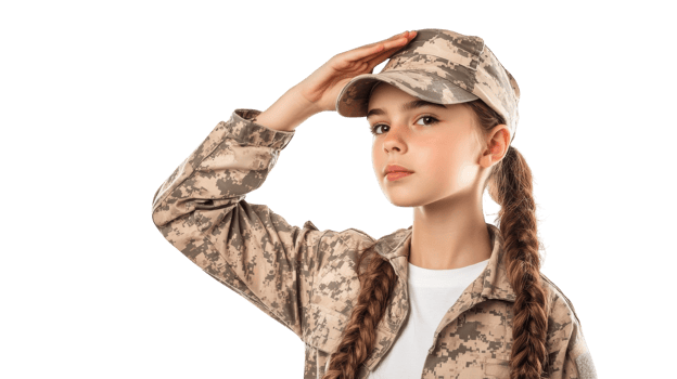 A Young Girl in Military Uniform Saluting Proudly, Symbolizing Strength and Honor in a Patriotic Context. png