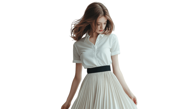 A Fashionable Girl in a Pleated Skirt and Tucked in Blouse Perfect for Contemporary Casual Outfits and Stylish Streetwear Inspiration. png