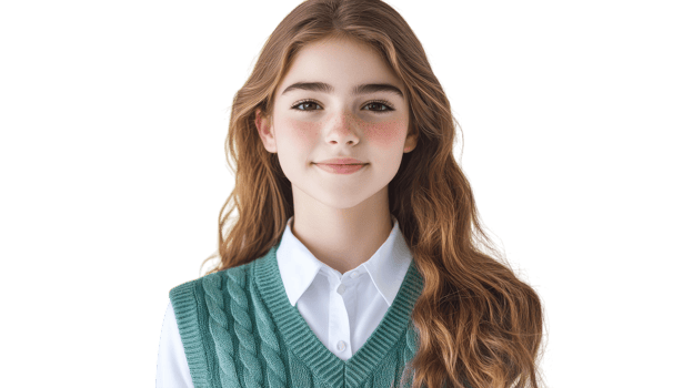 A Young Girl Wearing a Trendy Preppy Sweater Vest Over a Classic Collar, Ideal for Fashion Blogs, Style Magazines, and Social Media Posts. png
