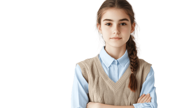 A Stylish Girl in a Preppy Sweater Vest Over a Collared Shirt in a Fashionable Urban Setting Ideal for Trendy Lifestyle Blogs and Fashion Editorials. png