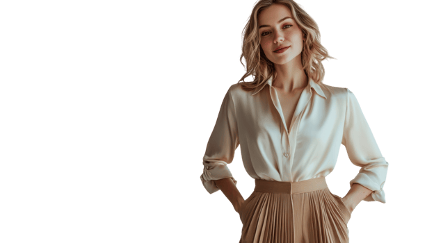 Elegant Portrait of a Girl in a Silk Blouse Paired with Pleated Trousers, Perfect for Fashion Advertising and Editorial Use. png