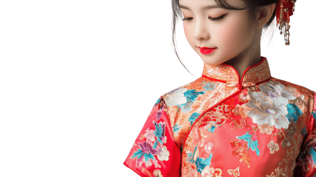 An Elegant Girl in a Traditional Chinese Qipao Posing Gracefully Amidst Floral Background Perfect for Cultural Celebrations and Fashion Promotions. png