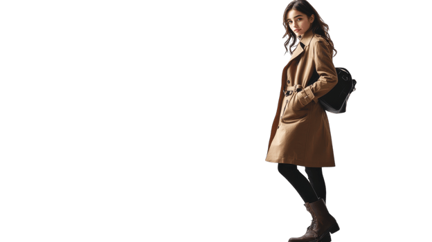 Stylish Girl in a Trench Coat and Boots Posing on a White Background for Fashion Marketing and Editorial Use. png