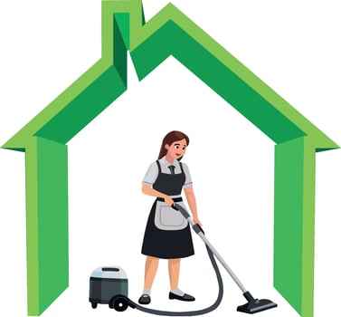 A woman in apron and apron is vacuuming in front of a house vector