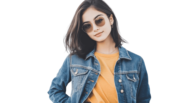 Stylish Girl in Casual Denim Jacket - Perfect for Fashion Blogs, Social Media Posts, and Youth Culture Content. png
