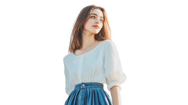 Stylish Girl in Classic Denim Skirt and White Top, Perfect for Summer Fashion Inspiration and Casual Outfits. png
