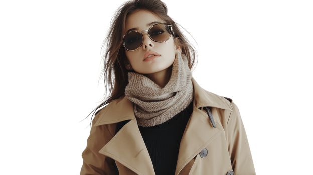 A Stylish Young Woman in a Timeless Trench Coat Perfect for Fall Fashion and Everyday Wear Captured Outdoors. png