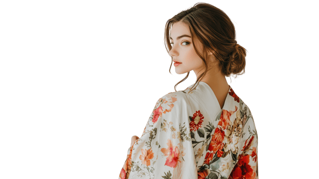An Elegant Image of a Girl Adorned in a Kimono Style Robe Surrounded by Beautiful Flora Perfect for Cultural Events and Fashion Displays. png