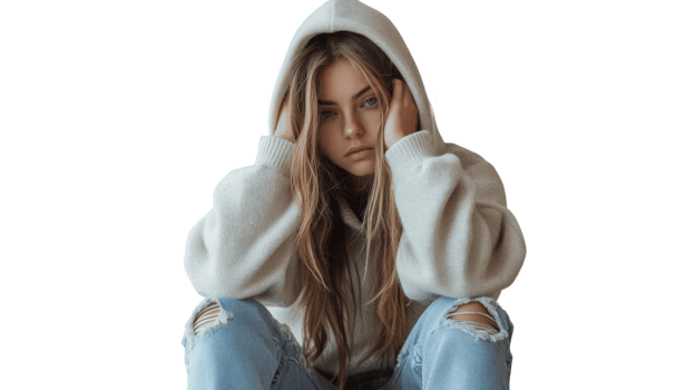 Fashionable Girl in a Hooded Sweatshirt and Ripped Jeans Capturing Trendy Street Style for Youth Culture Imagery. png