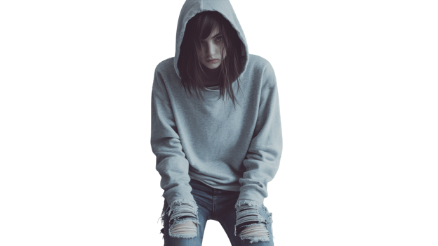 Stylish Girl in Hooded Sweatshirt and Ripped Jeans Perfect for Fashion Blogs and Youth Culture Illustrations. png