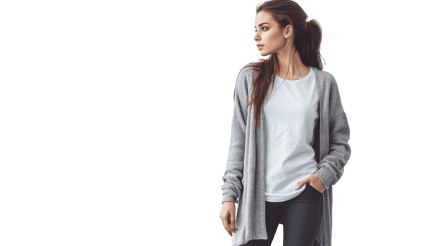 A stylish woman showcasing a trendy long cardigan over her casual outfit, perfect for fashion blogs, lookbooks, and online clothing stores highlighting seasonal trends.. png