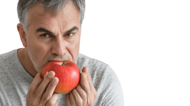 A middle-aged man enjoying a healthy lifestyle while crunching on a fresh apple, perfect for promoting wellness, nutrition, and healthy eating habits in lifestyle and fitness content.. png