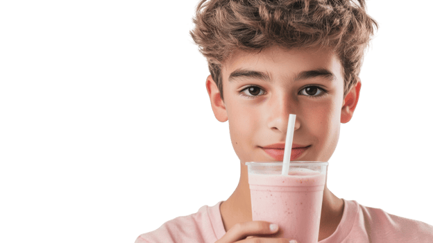 A Teenage Boy Enjoying a Refreshing Strawberry Milkshake Perfect for Summer Days or Cafes. png