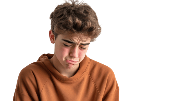 A teenage boy looking embarrassed and blushing, perfect for conveying emotions of shyness or awkwardness in various contexts such as school, social interactions, or adolescence.. png