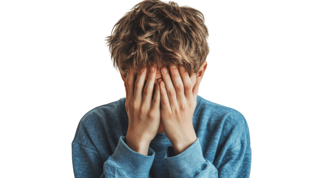 A teenage boy looking embarrassed with his hand on his face, perfect for conveying emotions in youth-related projects, advertisements, or social media content.. png