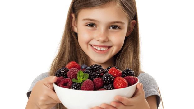 A teenage girl indulging in a colorful bowl of fresh berries, perfect for promoting healthy eating and vibrant lifestyle choices in various media formats.. png
