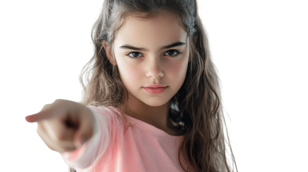 A determined teenage girl expressing her confidence and focus by pointing, perfect for motivational and empowerment themes in creative projects.. png