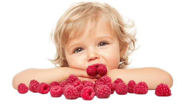 Cheerful Toddler Blowing Raspberries Against a Clean White Background, Perfect for Family-Friendly Designs and Creative Projects. png