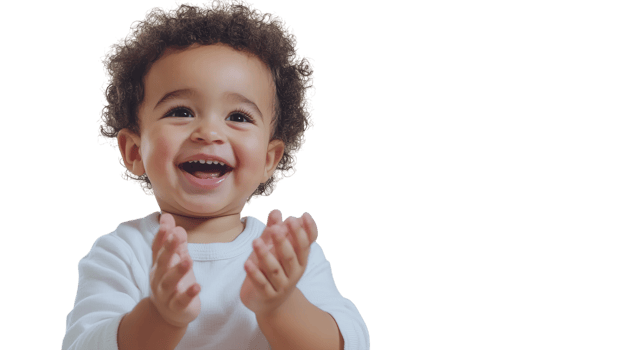 Joyful Toddler Clapping Happiness and Excitement in a Bright White Setting for Celebratory Themes. png