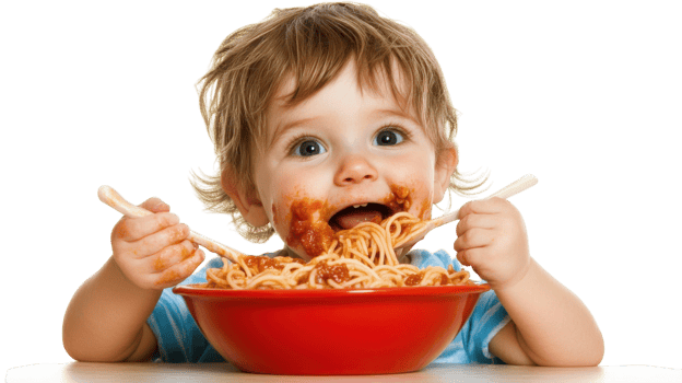 Delightful Toddler Enjoying a Bowl of Spaghetti - Perfect for Illustrating Family Dining, Mealtime Fun, and Childhood Moments. png