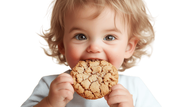Delightful Toddler Enjoying a Cookie with a Big Smile, Perfect for Capturing Joyful Childhood Moments and Baking Experiences. png