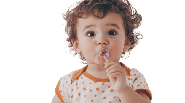 Captivating Image of a Toddler Enjoying the Joy of Pretending to Blow Bubbles Against a White Background, Perfect for Children's Themes or Parenting Blogs. png