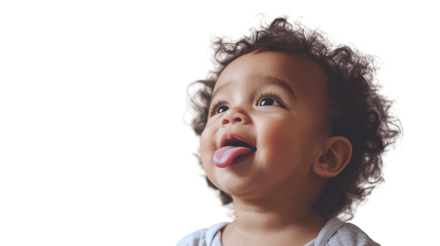 A joyful toddler playfully sticking their tongue out, capturing the innocence and fun of childhood, ideal for children's products, parenting blogs, and social media posts.. png