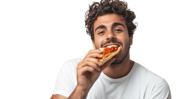 A Young Adult Enjoying a Delicious Taco with Spicy Sauce Perfect for Food Enthusiasts and Culinary Creators in a Vibrant Setting. png