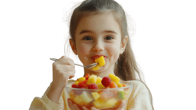 A young girl enjoying a healthy bowl of fruit salad, perfect for nutritious snacking and vibrant meals that encourage healthy eating habits in children.. png