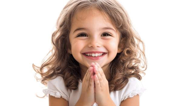 A young girl joyfully smiling with her hands clasped together, creating a heartwarming image that represents happiness and innocence, perfect for depicting childhood or joyful moments.. png