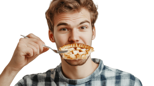 A Young Man Enjoying a Slice of Delicious Apple Pie Perfect for Food Blogs and Culinary Articles. png