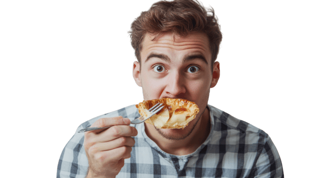 A Young Man Enjoying a Slice of Delicious Apple Pie in a Cheerful Setting Perfect for Food Blogs and Culinary Websites. png