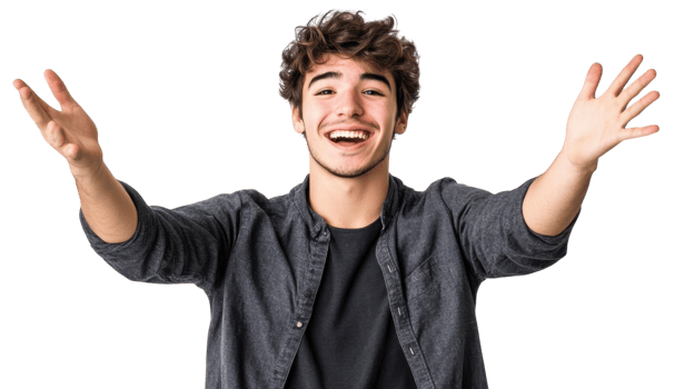 A Young Man Displaying Over-the-Top Enthusiasm in a Casual Setting, Perfect for Illustrating Facade and Insincerity in Social Interactions. png