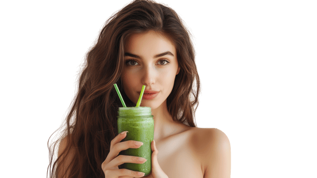 A young woman enjoying a refreshing smoothie in a vibrant setting, ideal for health and wellness promotions or social media campaigns featuring nutritious lifestyles.. png