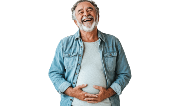 Elderly Man Laughing Quietly Showing Joy and Contentment, Ideal for Illustrating Happiness and Warmth in Family or Community Contexts. png