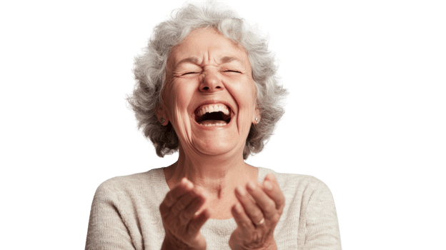 Charming Moment of an Elderly Woman Chuckling Softly on a White Background for Heartwarming Family and Social Media Content. png
