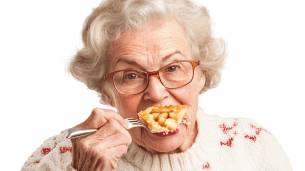 A heartwarming scene featuring an elderly woman indulging in a delicious piece of apple pie, perfect for illustrating themes of nostalgia, comfort, and the joys of simple pleasures.. png