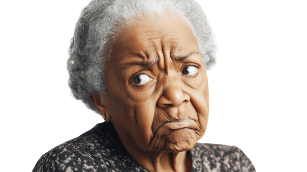 An elderly woman expressing confusion during a conversation, showcasing the emotional complexities of aging and communication challenges faced by seniors. png