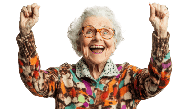 An elderly woman with a delighted expression, showcasing the beauty of happiness and joy in later years, perfect for themes related to aging, positivity, and emotional wellness.. png
