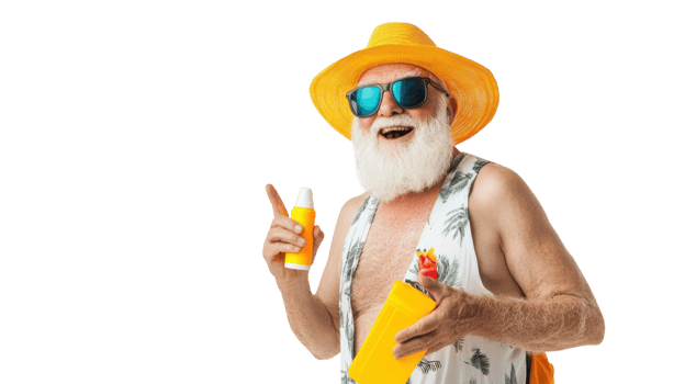 An elderly gentleman enjoying a sunny day at the beach, dressed in a relaxed beach outfit with flip flops, perfect for travel and summer leisure activities.. png