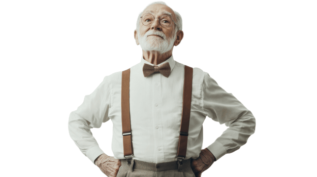 Charming Portrait of an Elderly Gentleman Dressed in a Bow Tie and Suspenders, Perfect for Vintage-Themed Projects and Designs. png