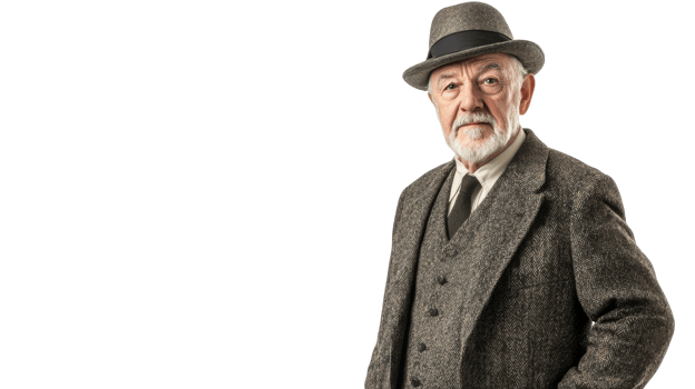 Astonishing Portrait of an Elderly Man in a Classic Bowler Hat and Tweed Suit, Perfect for Vintage Fashion Themes and Timeless Style Representation. png