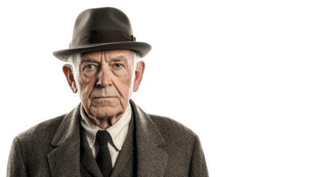An old man wearing a classic bowler hat and a stylish tweed suit walking leisurely in a serene park setting, perfect for vintage-themed projects and elegant portrayals of timeless fashion.. png