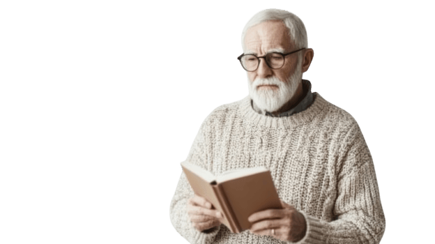 An Old Man in a Cozy Sweater and Reading Glasses Sitting in a Comfortable Chair, Ideal for Illustrating Themes of Leisure, Aging, and Reflection. png