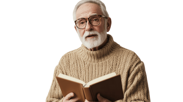 An elderly gentleman wearing a cozy sweater and reading glasses, deeply engrossed in a book, perfect for depicting themes of comfort and wisdom in your projects.. png