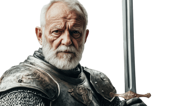 A Captivating Image of an Elderly Knight in Dazzling Armor, Perfect for Illustrating Themes of Valor, Heritage, and Wisdom in Storytelling and Visual Arts. png