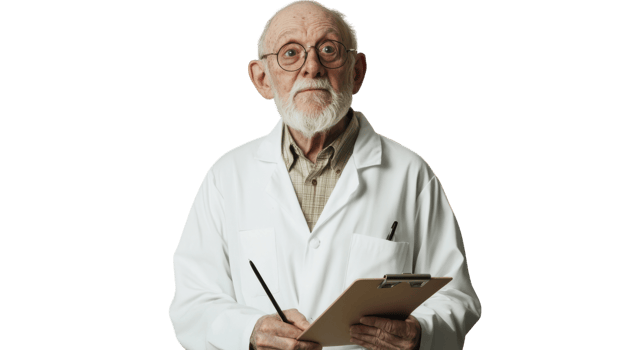 Senior Scientist in a Lab Coat Holding a Clipboard, Ideal for Educational and Research Presentations in the Scientific Community. png